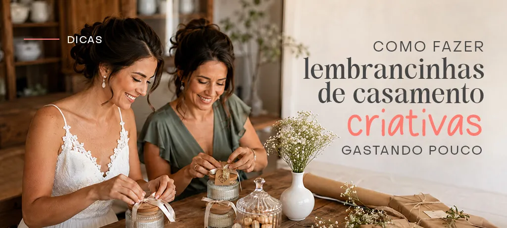 Noiva preparando lembrancinhas de casamento criativas com potes de vidro, flores e laços