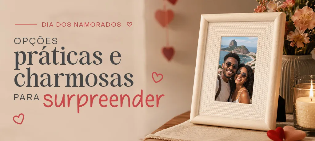 Arte de capa do guia de presentes para o Dia dos Namorados da Lyor com porta-retrato de casal, corações e flores