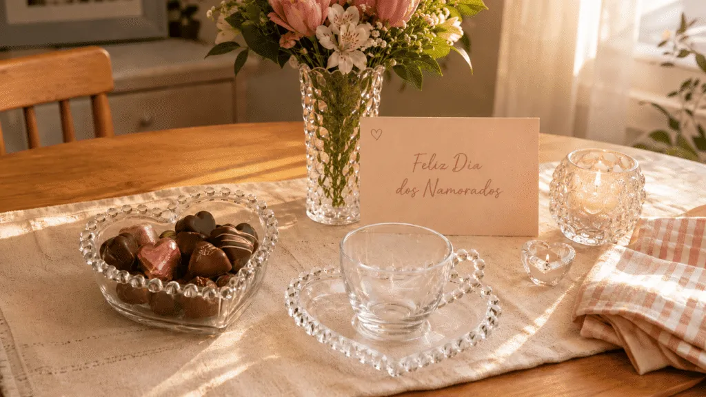 Mesa de Dia dos Namorados com bowl de cristal coração com chocolates, xícara de cristal, flores e cartão Feliz Dia dos Namorados