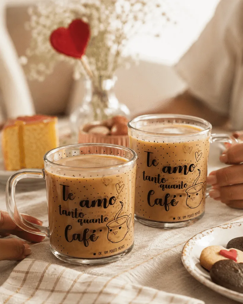 Casal segurando conjunto de canecas de vidro Te Amo com café no Dia dos Namorados