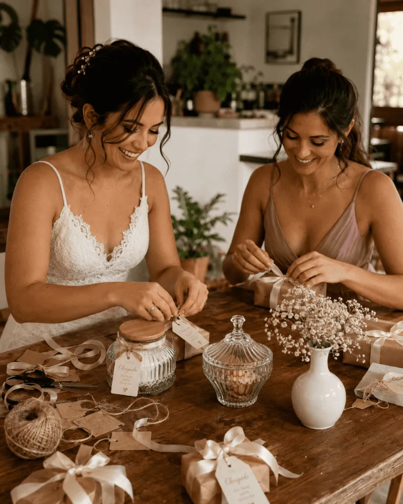 Noiva e madrinha montando lembrancinhas de casamento com potes, tags e laços