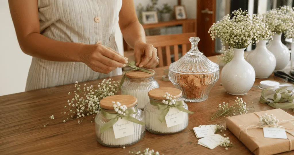 Potes de vidro e potiche decorados com flores e laços para lembrancinhas de casamento