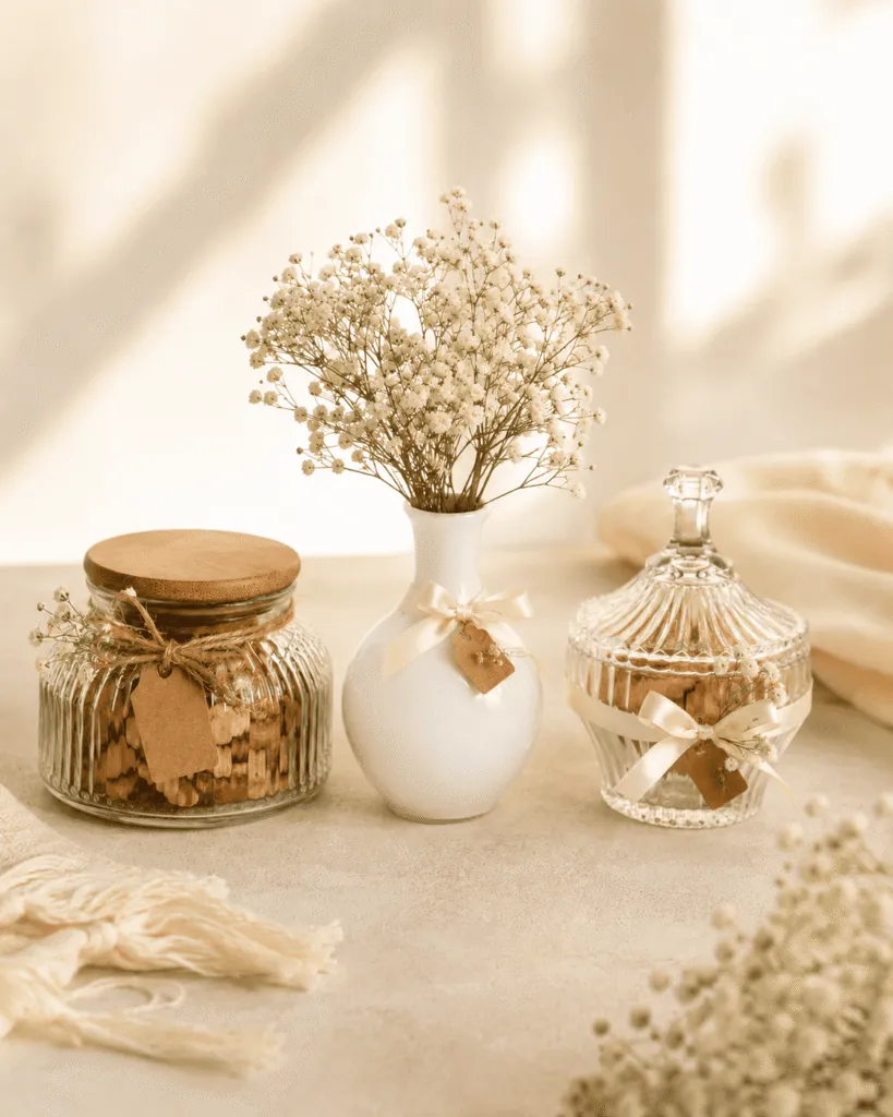 Potiche, pote de vidro e vaso branco com flores como lembrancinhas de casamento