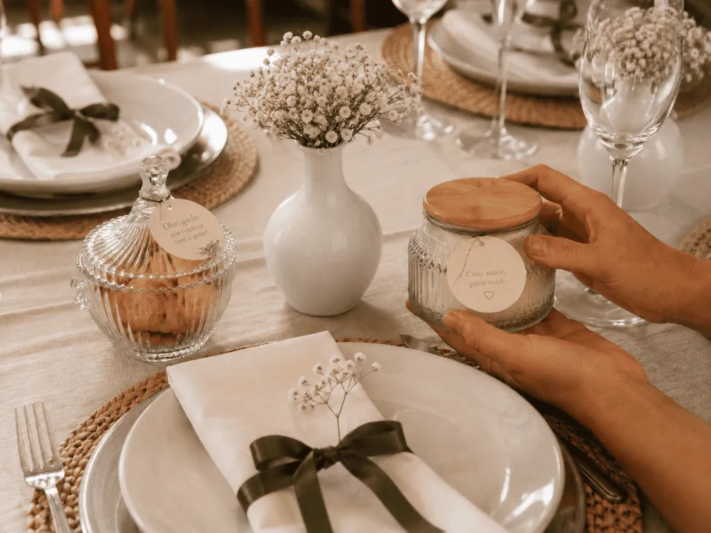 Mesa posta com potiche, vaso branco e pote de vidro usados como lembrancinhas de casamento