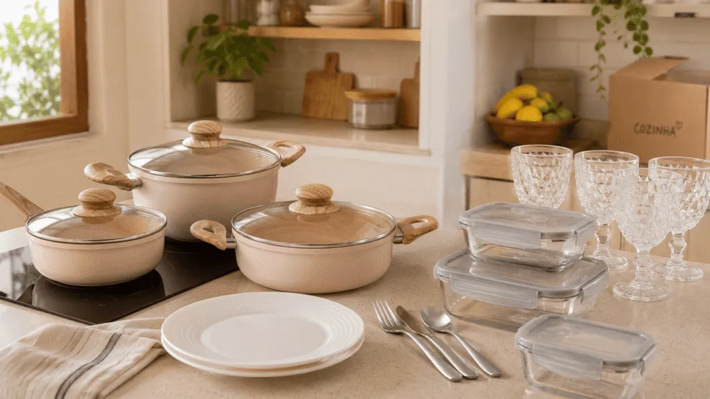 Itens essenciais para montar cozinha do zero com panelas, pratos, talheres, copos e potes