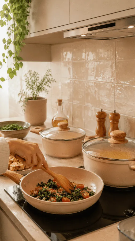 Panelas e frigideira em uso na cozinha para preparar comida do dia a dia