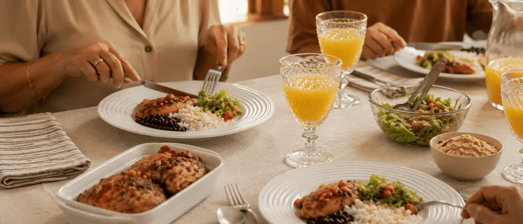 Mesa posta simples com pratos, copos e refeição pronta para o dia a dia