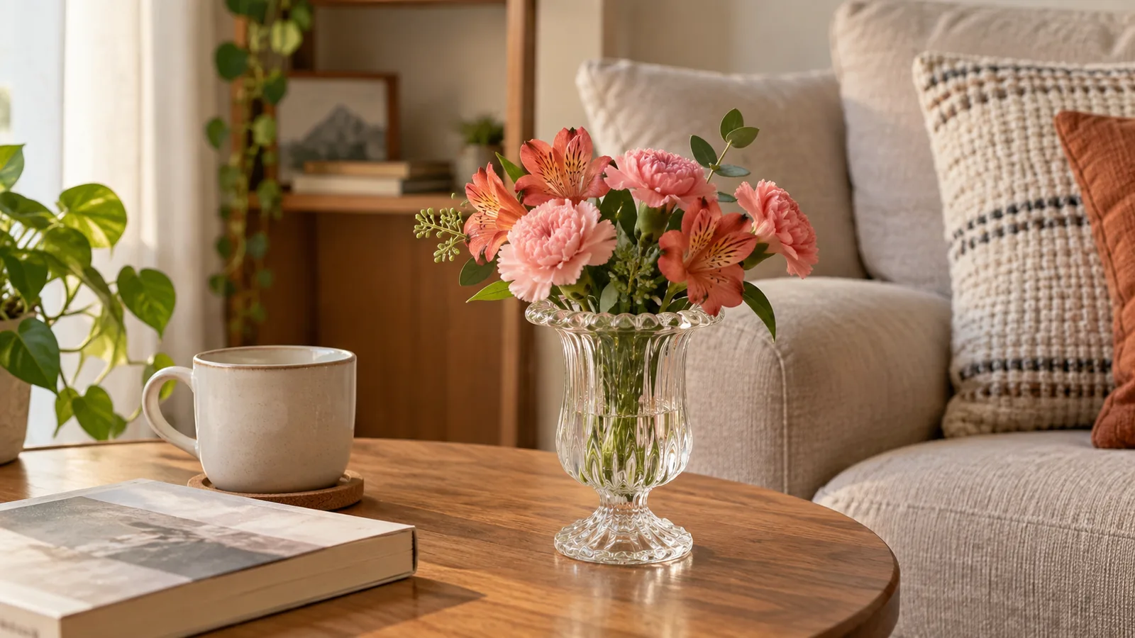 Flores na decoração de uma sala com arranjo simples.