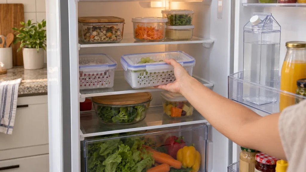 Geladeira organizada com alimentos visíveis e recipientes fechados.
