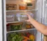 Geladeira organizada com alimentos visíveis e recipientes fechados.