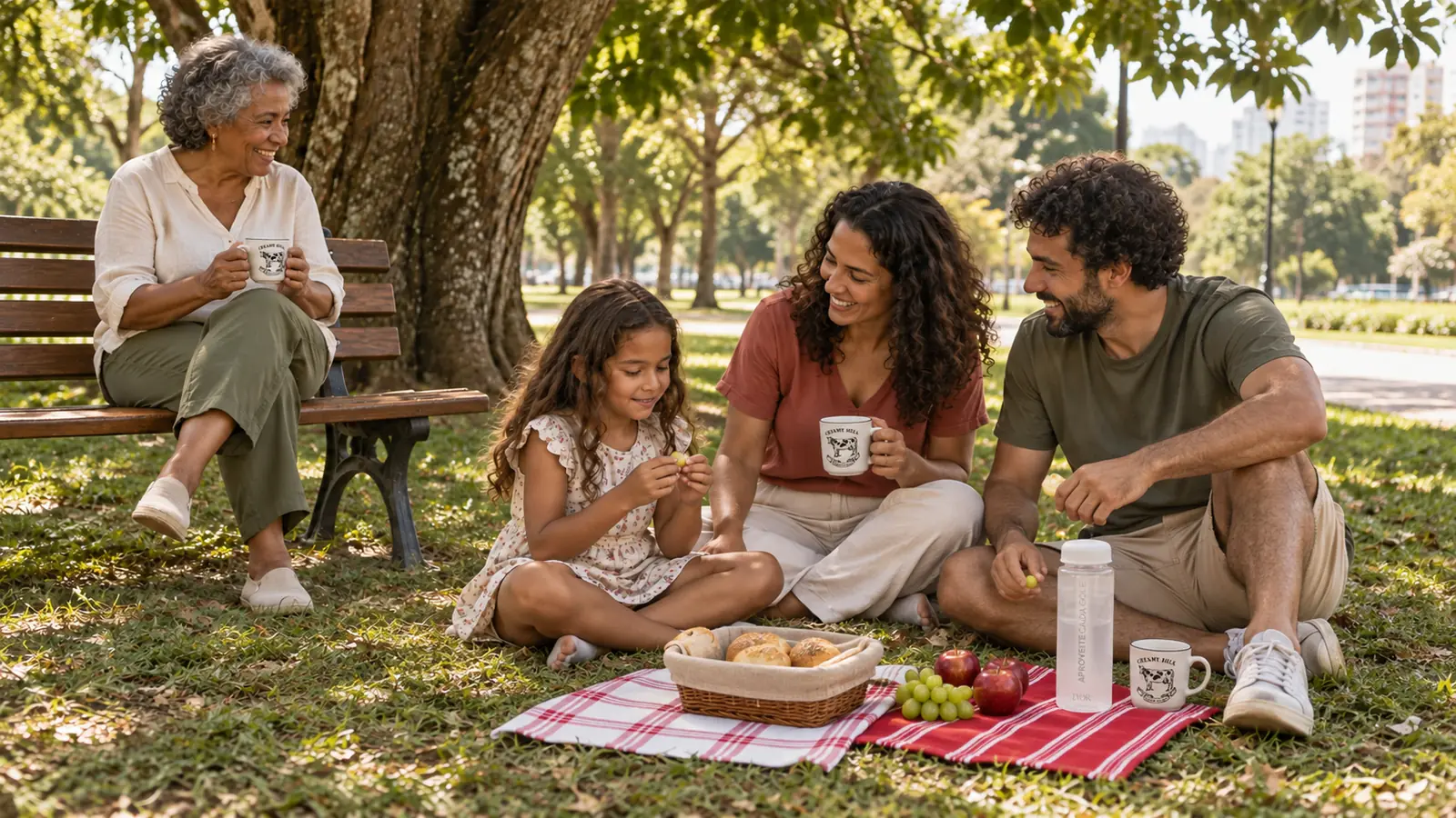Família em um piquenique na grama com canecas Creamy Milk, squeeze branca e cesta sobre panos Verona vermelhos.