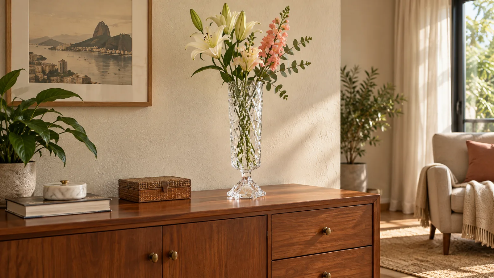 Arranjo floral em um aparador da sala de estar.