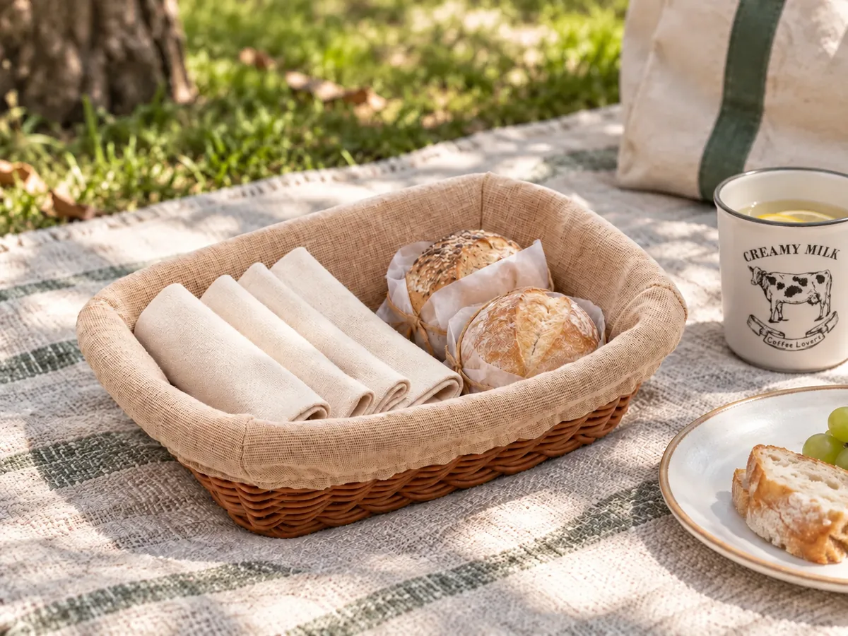 Cesta com pães e guardanapos ao lado da caneca Creamy Milk branca em um piquenique.