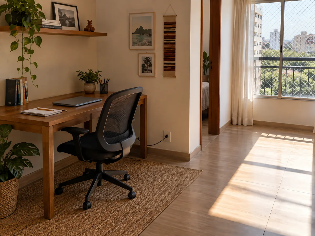 Espaço de trabalho reorganizado longe do sol direto.