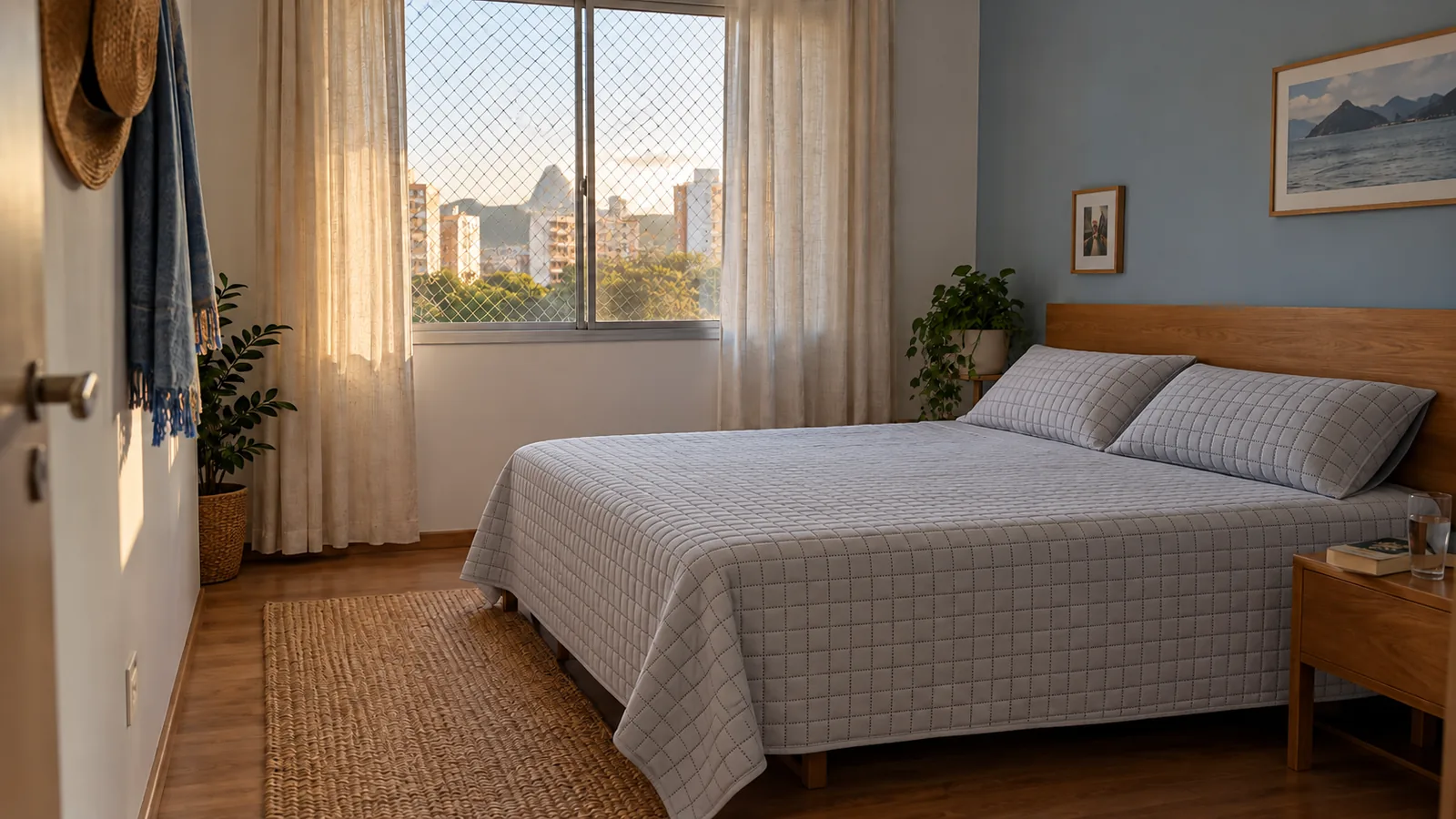 Quarto com colcha matelassê Quadrat cinza Lyor e dois porta-travesseiros combinando.