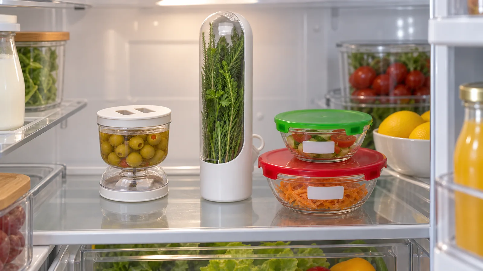 Alimentos de uso próximo à frente em uma prateleira com espaço livre.
