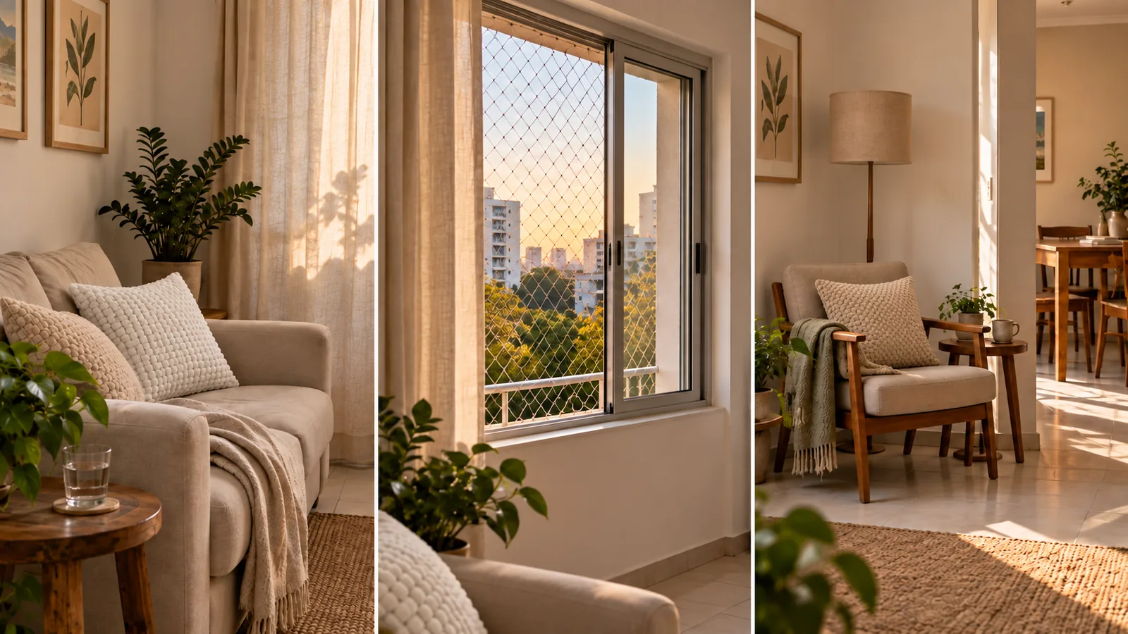 Sala e canto de descanso com capas de almofada Abraço Lyor em bege e branco.