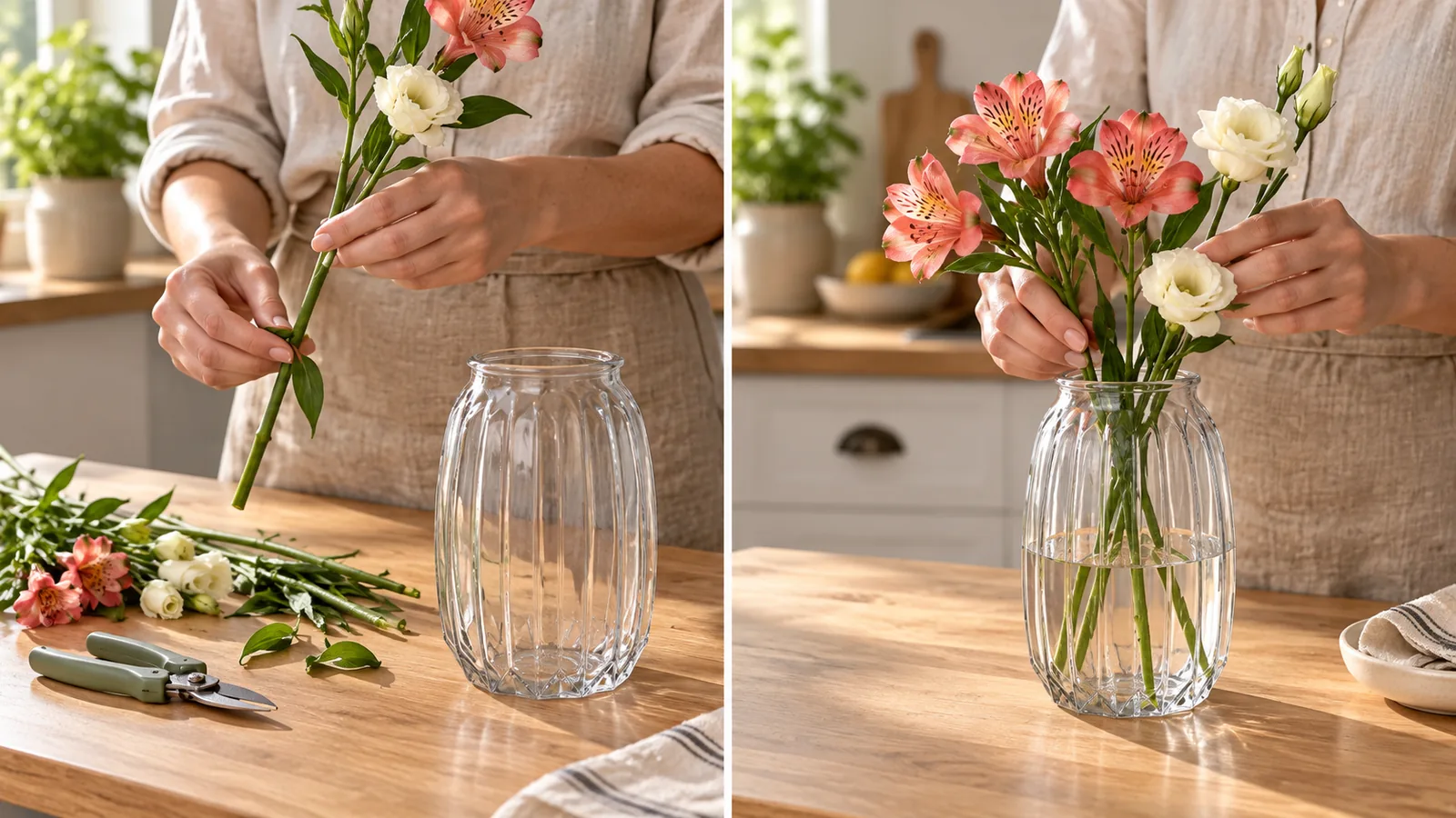 Montagem de um arranjo simples com poucas flores e folhagens.