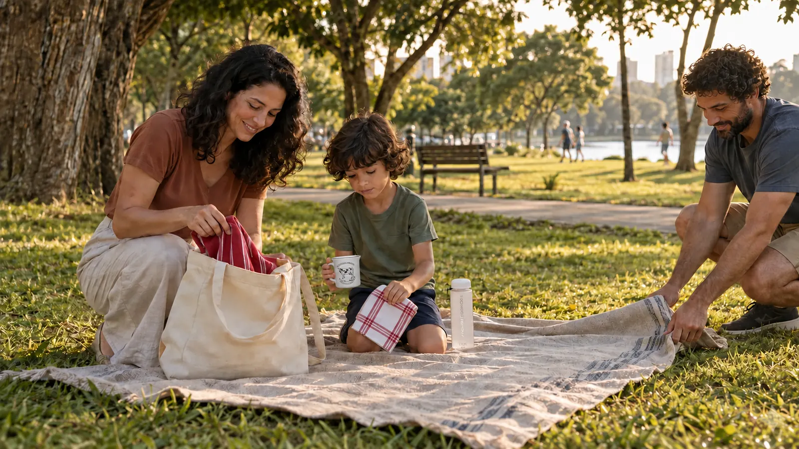 Família recolhendo os itens do piquenique, com o menino segurando a caneca Creamy Milk, panos Verona e squeeze branca.