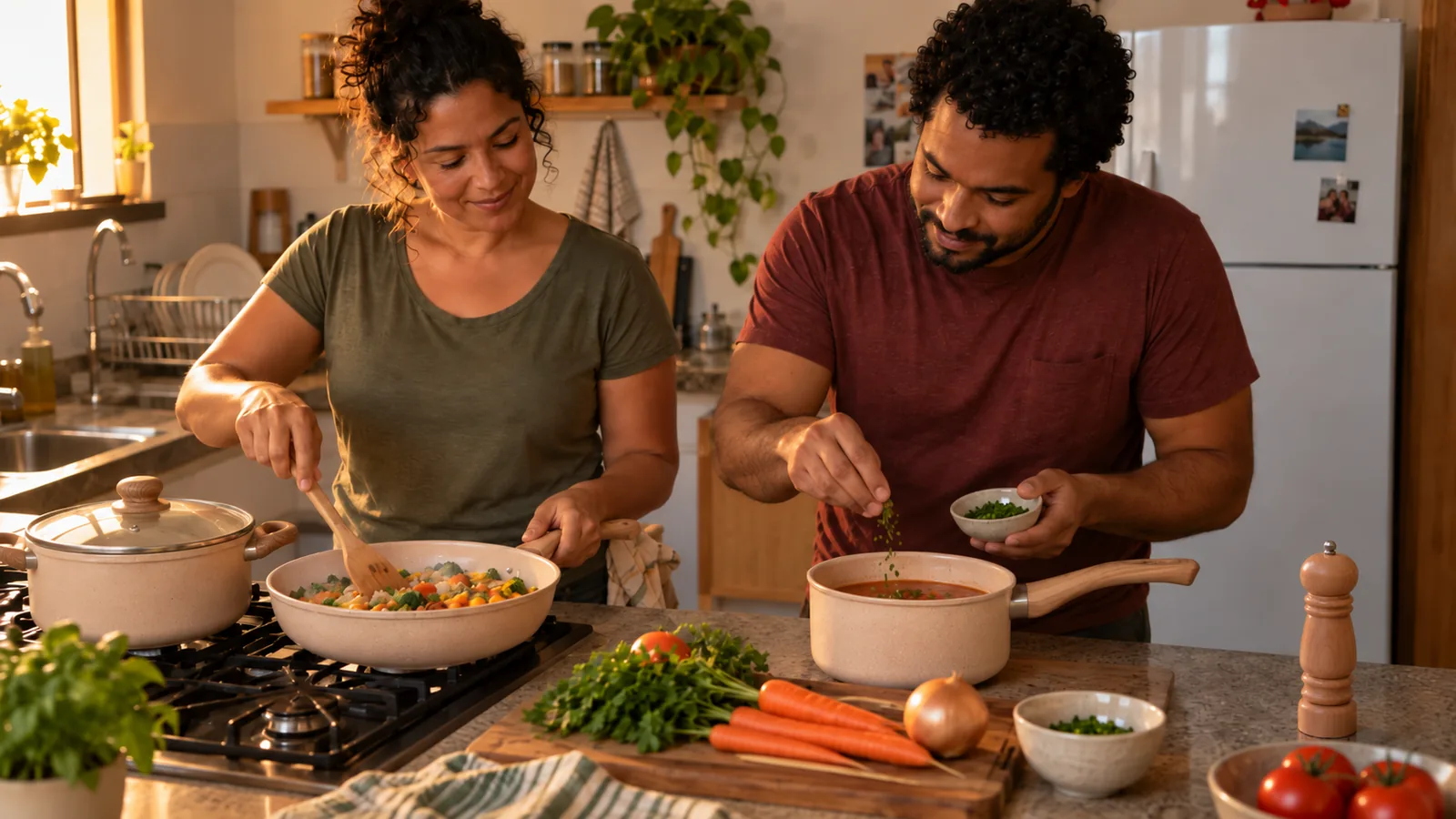 Casal preparando uma refeição com legumes e panelas na cozinha.