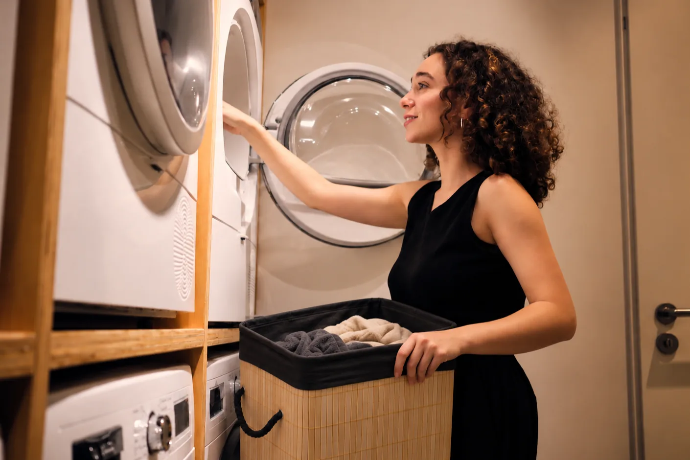 Mulher organizando roupas em um cesto na lavanderia.